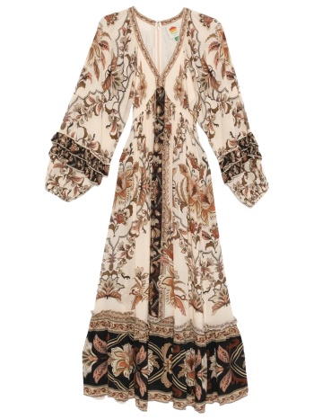 farm rio φορεμα maxi majestic garden sand βολαν μπεζ-καφε