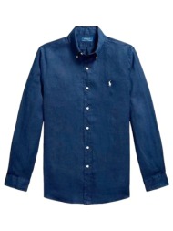 ralph lauren πουκαμισο λινο button down custom fit logo μπλε