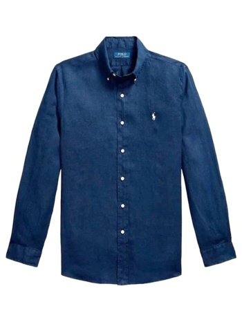 ralph lauren πουκαμισο λινο button down custom fit logo μπλε