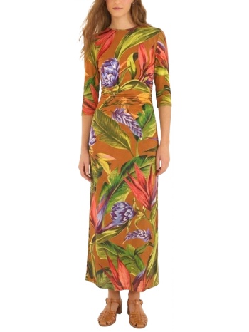farm rio φορεμα maxi florart brown σουρα πλαι πολυχρωμο