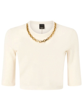 pinko cropped t-shirt με αλυσιδα kimberly sweater κρεμ