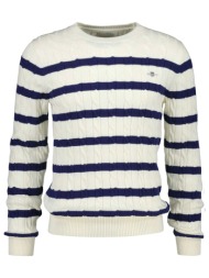 gant πλεκτο ριγε striped cotton cable c-neck κρεμ-μπλε