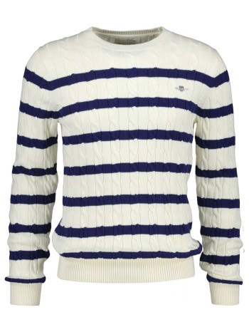 gant πλεκτο ριγε striped cotton cable c-neck κρεμ-μπλε