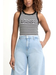 liu-jo tank top ριγε logo στρας μαυρο-εκρου