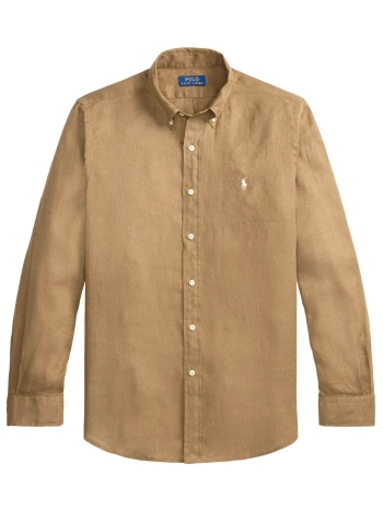 ralph lauren πουκαμισο λινο button down custom fit logo καφε