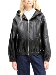 michael kors δερματινο μπουφαν bomber με κουκουλα μαυρο