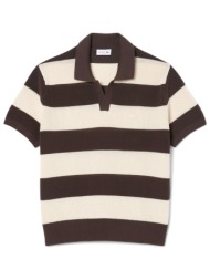 lacoste polo πλεκτο ριγε logo εκρου-καφε