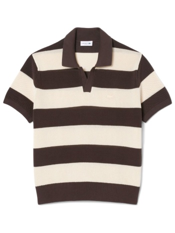 lacoste polo πλεκτο ριγε logo εκρου-καφε