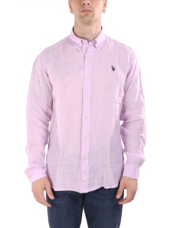u.s.polo assn πουκαμισο button down slim fit λινο ροζ