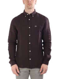 lacoste πουκαμισο button down λινο logo pocket καφε