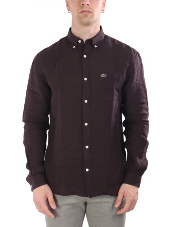 lacoste πουκαμισο button down λινο logo pocket καφε