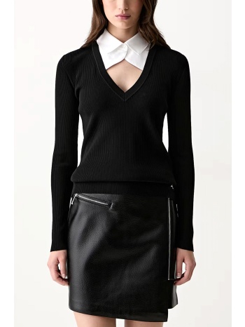 karl lagerfeld polo πλεκτο ribbed contrast collar logo μαυρο
