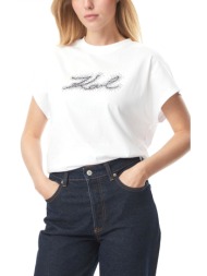 karl lagerfeld t-shirt rhinestone relaxed fit logo στρας λευκο