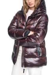 dkny μπουφαν φουσκωτο κουκουλα τσεπες logo μανικι σκουρο καφε