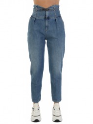 pinko παντελονi jeans ariel 25 denim blue ελαστικο ψηλομεσο πιετες ζωνη μπλε