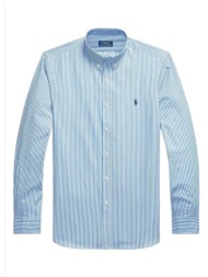 ralph lauren πουκαμισο ριγε button down custom fit stretch σιελ-λευκο
