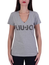 liu-jo t-shirt v-neck logo strass γκρι