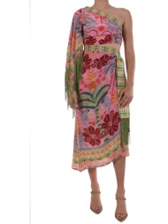 farm rio φορεμα midi ασσυμετρο ανοιγμα πλαι κροσια floral πολυχρωμο