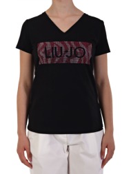 liu-jo t-shirt v-neck logo στρας μαυρο