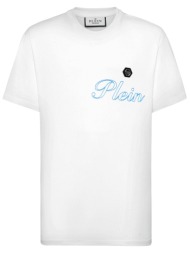 philipp plein t-shirt round neck ss logo μεταλλικο λευκο-μπλε