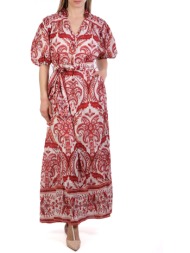 farm rio φορεμα maxi tropical cameo v-neck εμπριμε ζωνη εκρου-κοκκινο