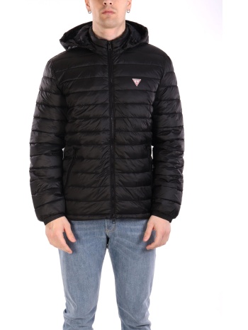 guess jeans μπουφαν φουσκωτο αποσπωμενη κουκουλα logo μαυρο