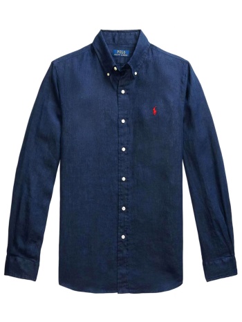 ralph lauren πουκαμισο button down λινο custom fit logo μπλε σε προσφορά