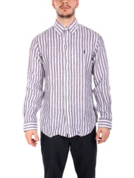 ralph lauren πουκαμισο ριγε button down λινο custom fit logo λευκο-μπλε