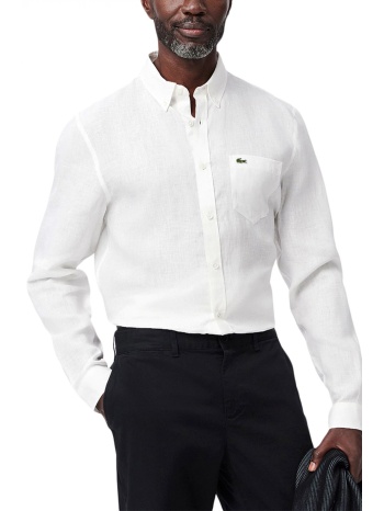 lacoste πουκαμισο button down λινο logo pocket λευκο