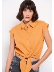 linen blend cropped πουκάμισο με μπροστινό δέσιμο