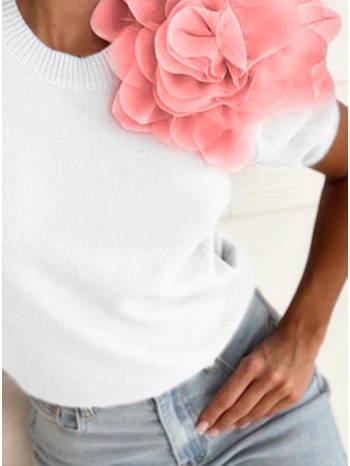 μπλούζα κοντομάνικη νημάτινη με λουλούδι - white (λευκό) σε προσφορά