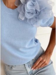 μπλούζα t-shirt νημάτινη με λουλούδι - sky blue (σιέλ)