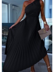 φόρεμα midi πλισέ ασύμμετρο με έναν ώμο σατινέ - black (μαύρο)