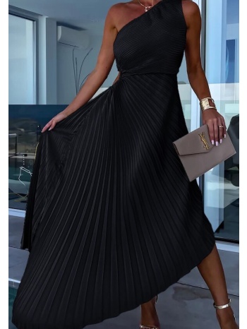 φόρεμα midi πλισέ ασύμμετρο με έναν ώμο σατινέ - black σε προσφορά