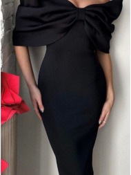 φόρεμα midi off shoulder με φιόγκο - black (μαύρο)