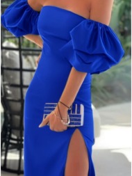 φόρεμα midi με σκίσιμο & puffed μανίκια - royal blue (ρουά)
