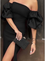 φόρεμα midi με σκίσιμο & puffed μανίκια - black (μαύρο)