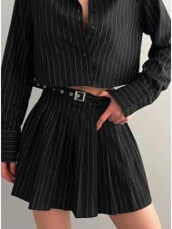 σετ cropped πουκάμισο & φούστα mini με πιέτες ριγέ - black (μαύρο)