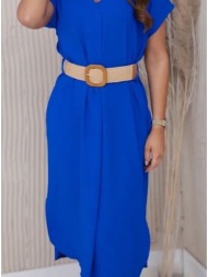 φόρεμα midi κοντομάνικο με αποσπώμενη ζώνη ψάθινη - royal blue (ρουά)