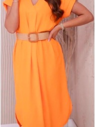 φόρεμα midi κοντομάνικο με αποσπώμενη ζώνη ψάθινη - orange peel (πορτοκαλί)