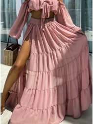 σετ cropped top & maxi φούστα με διαφάνεια - barbie pink (ροζ)