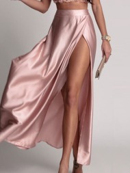 σετ cropped στράπλες & φούστα maxi ψηλόμεση σατινέ - barbie pink (ροζ)