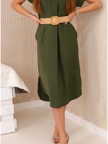 φόρεμα midi κοντομάνικο με αποσπώμενη ζώνη ψάθινη - olive σε προσφορά
