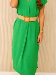φόρεμα midi κοντομάνικο με αποσπώμενη ζώνη ψάθινη - vivid green (πράσινο)