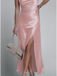 φόρεμα maxi σατινέ ντραπέ με σκίσιμο - barbie pink (ροζ)