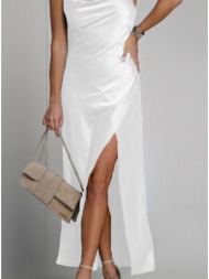 φόρεμα maxi σατινέ ντραπέ με σκίσιμο - white (λευκό)
