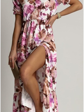 φόρεμα maxi floral κοντομάνικο με σκίσιμο - ροζ (vibrant σε προσφορά