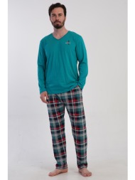vienetta man ανδρικη χειμερινή βαμβακερή πυτζάμα με v λαιμόκοψη και καρό παντελόνι plus size (1xl-4x