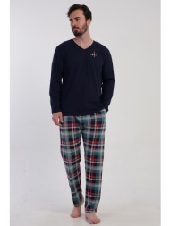 vienetta man ανδρικη χειμερινή βαμβακερή πυτζάμα με v λαιμόκοψη και καρό παντελόνι plus size (1xl-4x