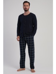 vienetta man ανδρική χειμερινή βαμβακερή κουμπωτή πυτζάμα με καρό παντελόνι-503097